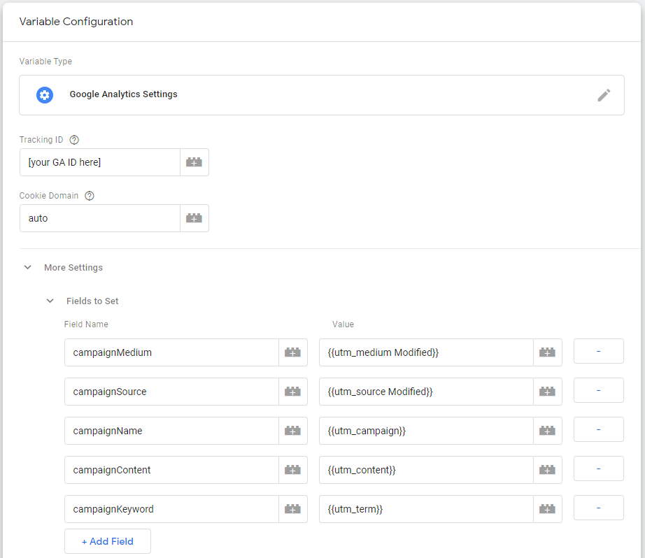 Google Analytics Variable Configuration Settings Screenshot